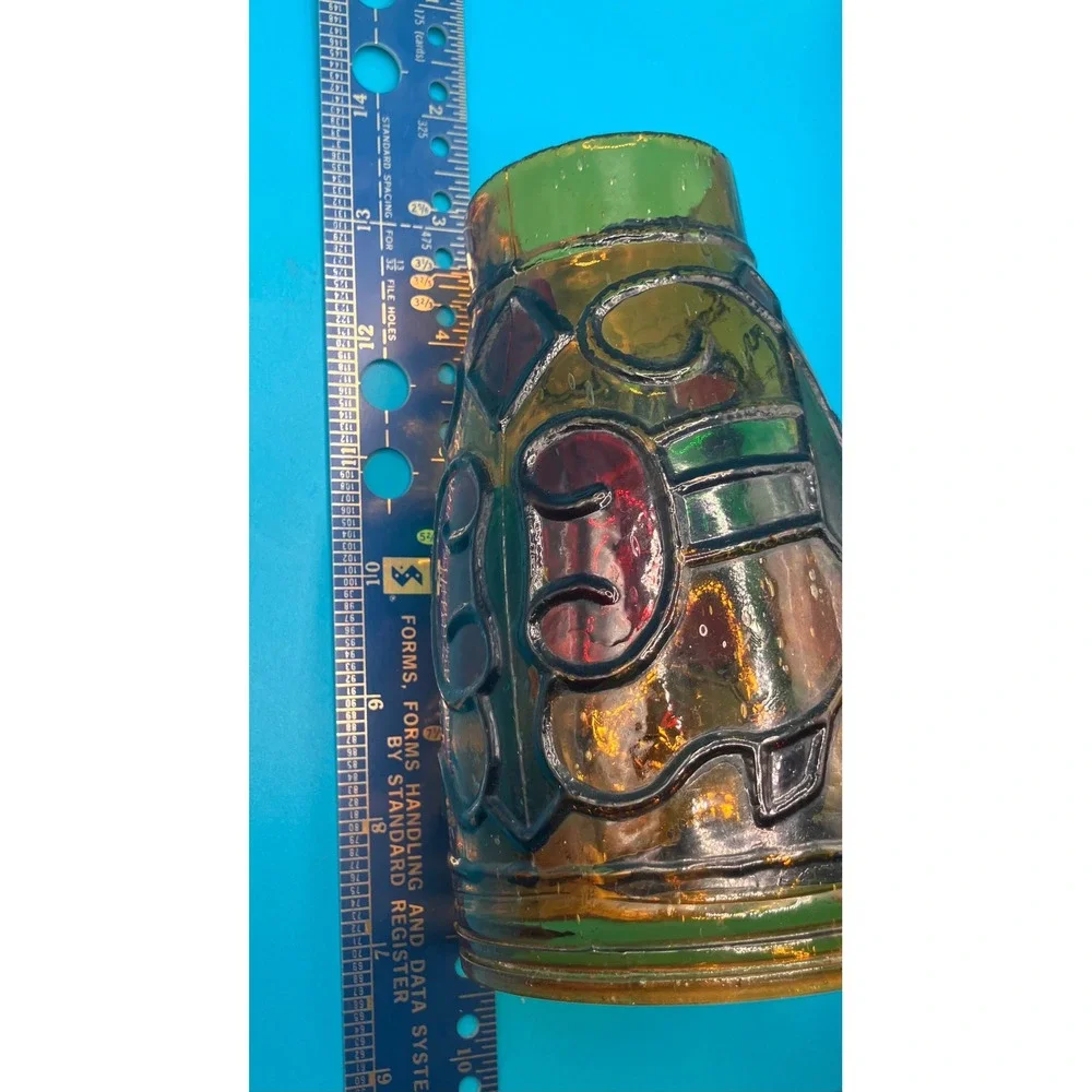 Oil Lamp Candle Chimney Small Green Red Stained Glass Style Relief